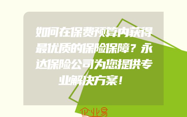 如何在保费预算内获得最优质的保险保障？永达保险公司为您提供专业解决方案！