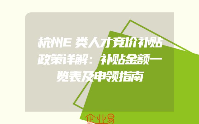 杭州E类人才竞价补贴政策详解：补贴金额一览表及申领指南