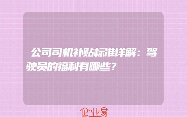 公司司机补贴标准详解：驾驶员的福利有哪些？