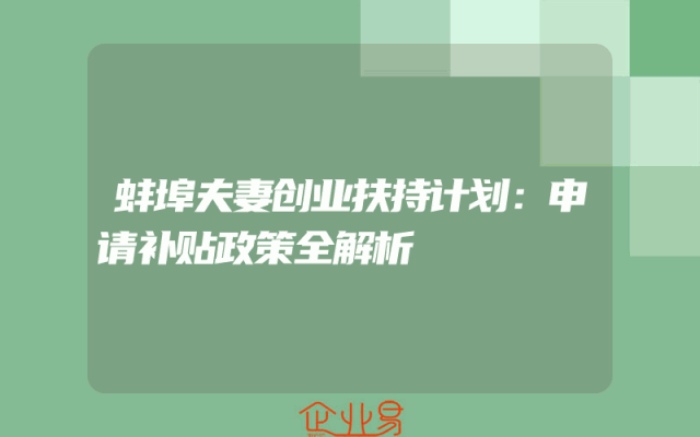 蚌埠夫妻创业扶持计划：申请补贴政策全解析