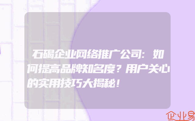 石碣企业网络推广公司:如何提高品牌知名度？用户关心的实用技巧大揭秘！
