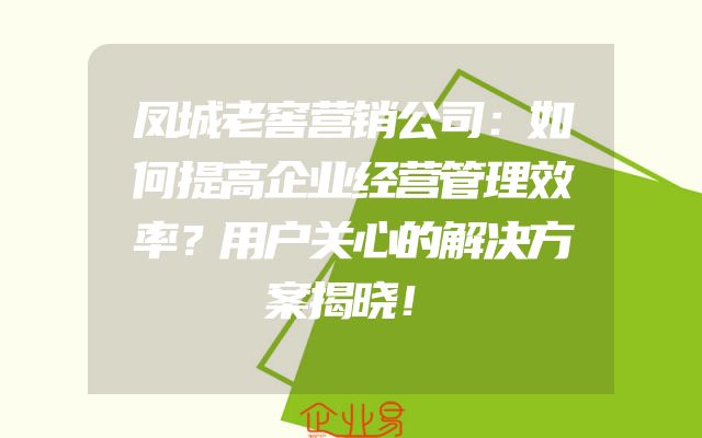 凤城老窖营销公司：如何提高企业经营管理效率？用户关心的解决方案揭晓！